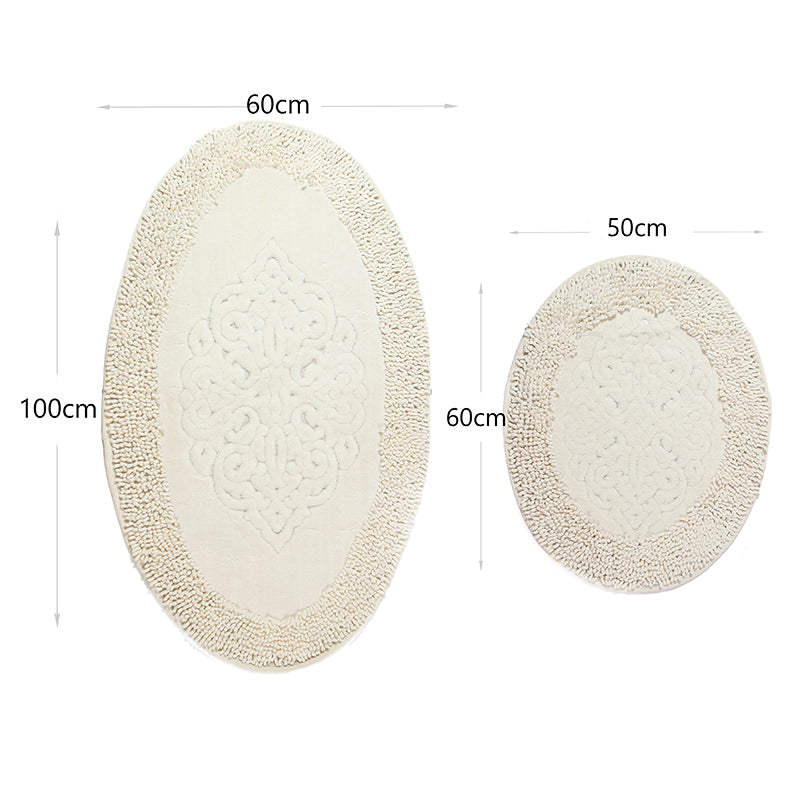 2 Pieces Oval Cotton Bath Mat and Toilet Mat Ultra Absorbent Washable Non Slip Bathroom Mats White - Image 3
