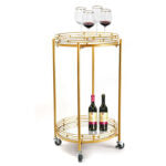 2 Tier Metal Round Mirrored Bar Cart Home Bar Serving Trolley with 4 Wheels with Brake for Kitchen Living Room Hotels - Medaid International