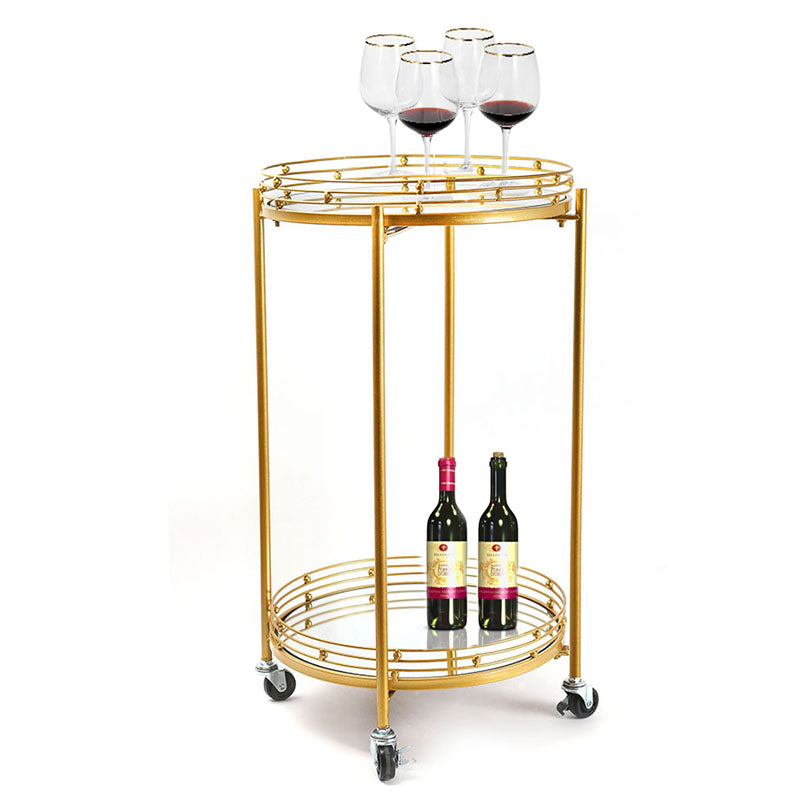 2 Tier Metal Round Mirrored Bar Cart Home Bar Serving Trolley with 4 Wheels with Brake for Kitchen Living Room Hotels - Medaid International