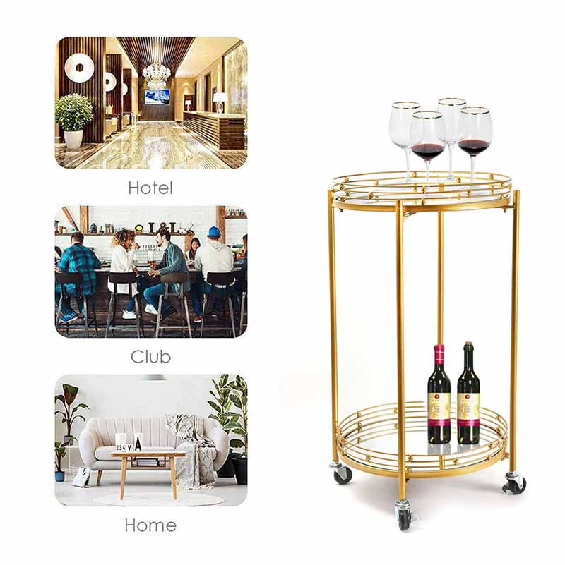 2 Tier Metal Round Mirrored Bar Cart Home Bar Serving Trolley with 4 Wheels with Brake for Kitchen Living Room Hotels - Medaid International
