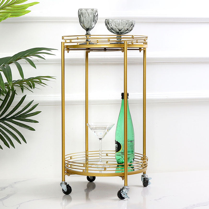 2 Tier Metal Round Mirrored Bar Cart Home Bar Serving Trolley with 4 Wheels with Brake for Kitchen Living Room Hotels - Medaid International