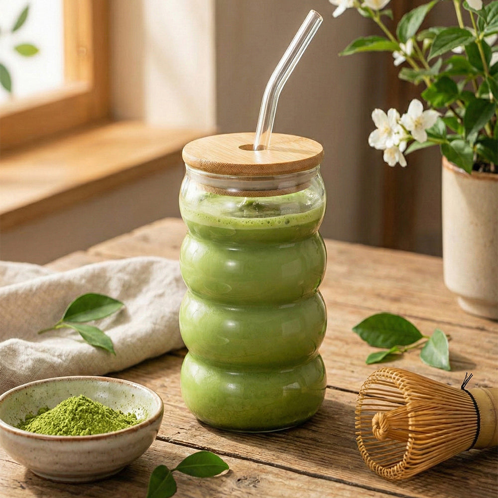 Matcha Wave Shaped Glass Tumblers Drinking with Lid and Straw – 450ml