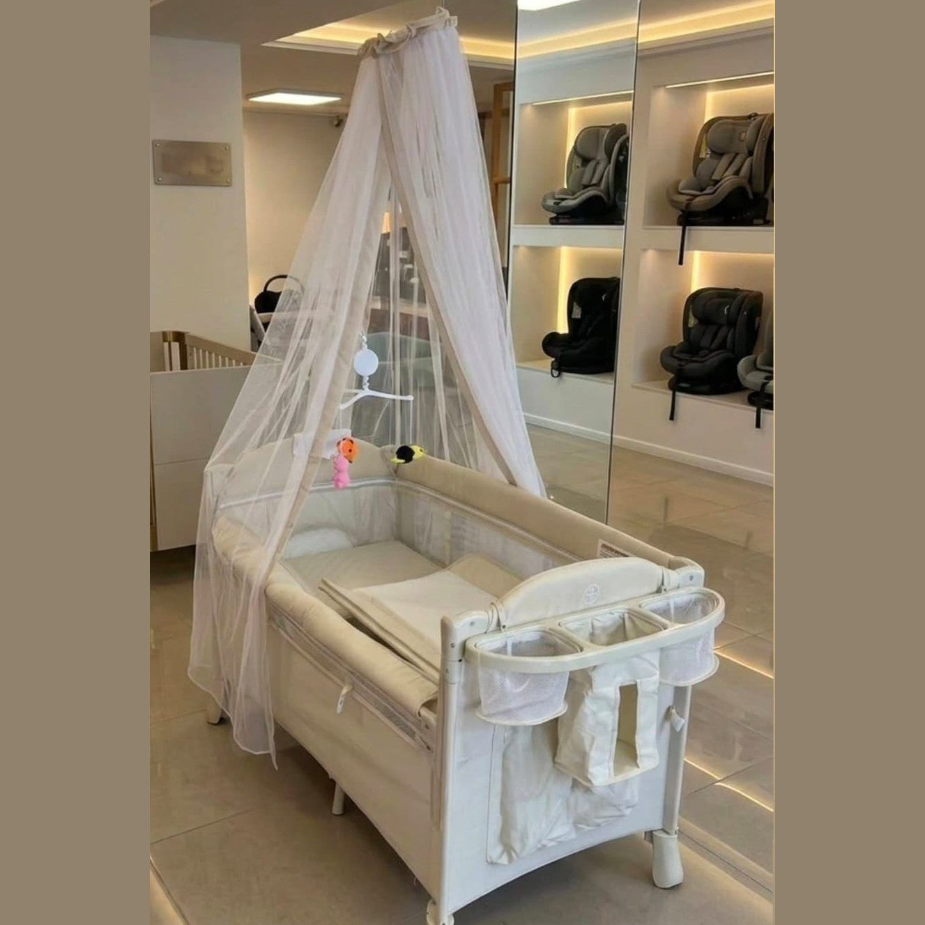 Miila - Spain Deluxe - 2in1 Next To Me & Baby Crib - Birth Up To 4 Years - (Musical Mobile , Changing Mat , Storage Basket , Mosquito Net ) - Beige