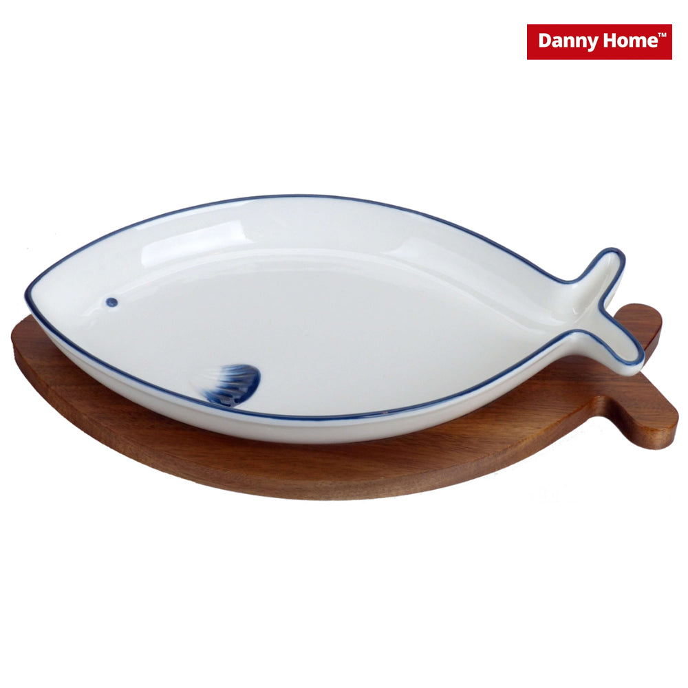 Danny Home Ceramic Snack Plate on Acacia Board – 26cm