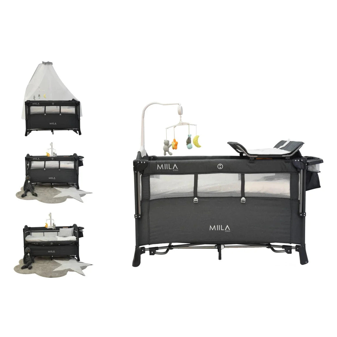Miila - Travel Cot Foldable Playpen With Mobile - Dark Grey