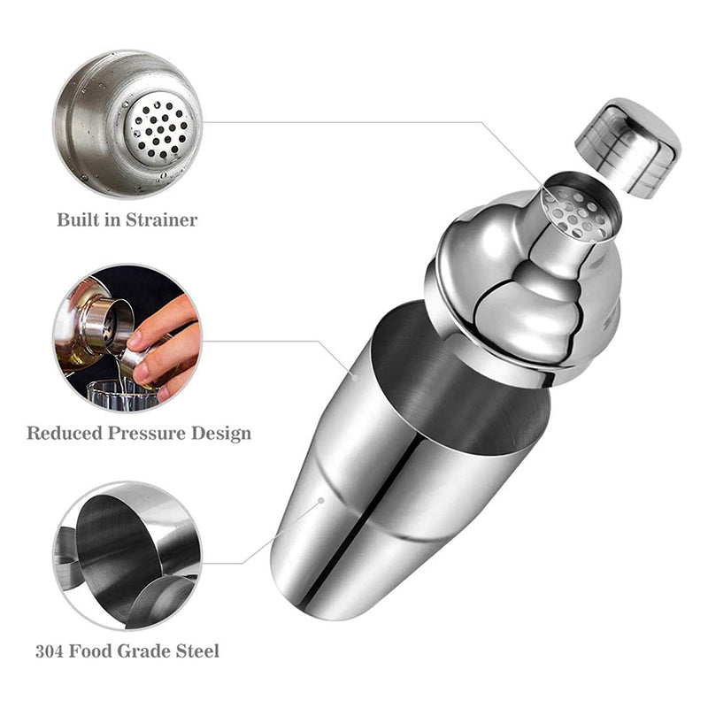 Stainless Steel Cocktail Shaker with Built in Strainer and Lid Drink Mixer Shaker for Home Hotel Restaurant Bar Silver - Medaid International
