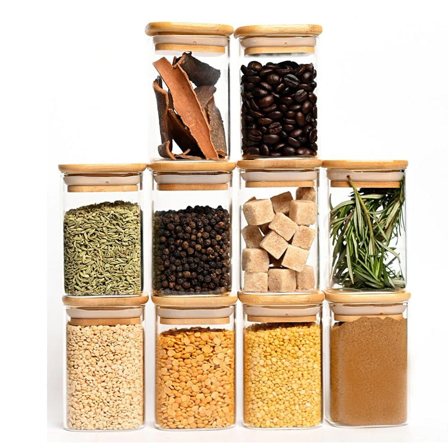 Borosilicate Glass Square Jar Wood Cover 200 ml