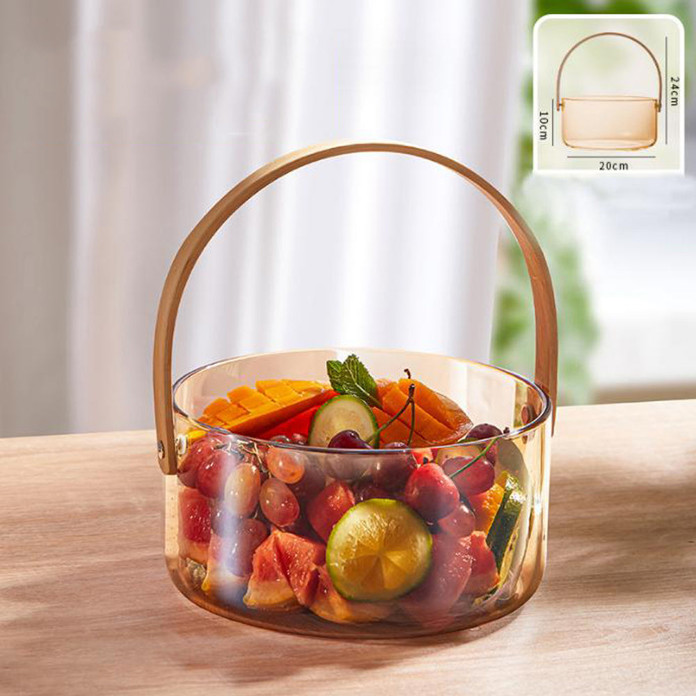 Snacks Glass Fruit Storage Basket with Wooden Handle-Amber Color
