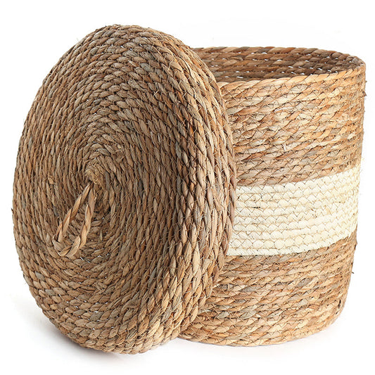 34 CM Multipurpose Handmade Wicker Woven Round Storage Basket with Lid Organizing Basket for Living Room Bedroom Nursery and Laundry - Medaid International