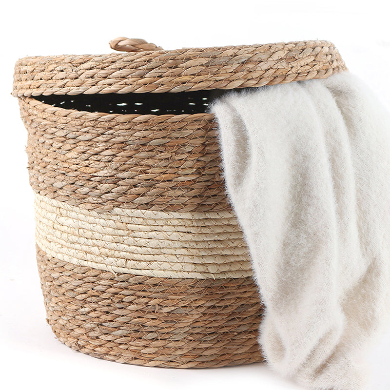 34 CM Multipurpose Handmade Wicker Woven Round Storage Basket with Lid Organizing Basket for Living Room Bedroom Nursery and Laundry - Medaid International