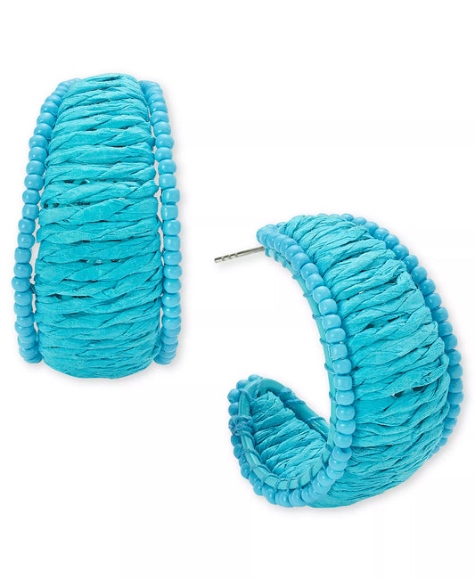 On 34th Women's Blue Color Seed Bead & Raffia C-Hoop Earrings |  On 34th in Lebanon