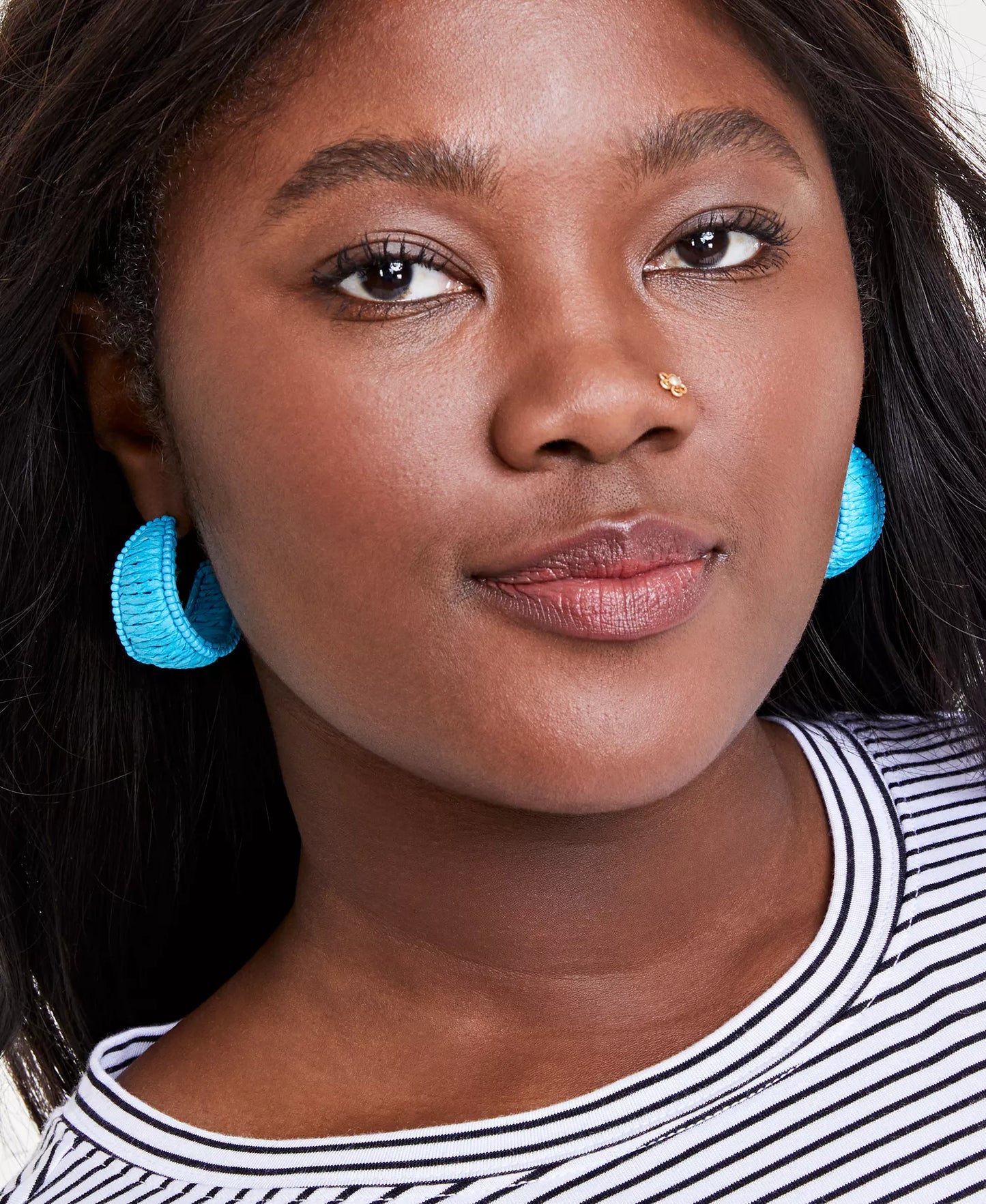On 34th Women's Blue Color Seed Bead & Raffia C-Hoop Earrings |  On 34th in Lebanon