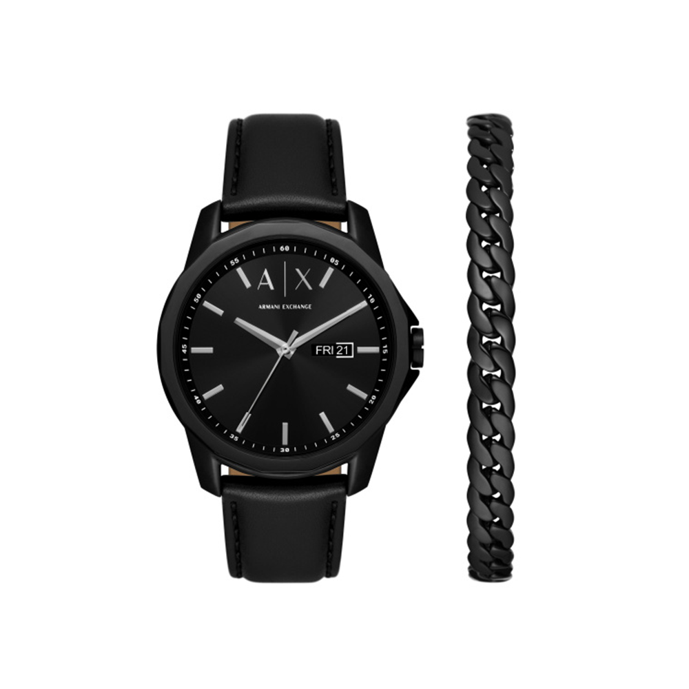 Armani Exchange Three-Hand Day-Date Black Leather Watch and Black Stainless Steel Bracelet Set - Medaid International