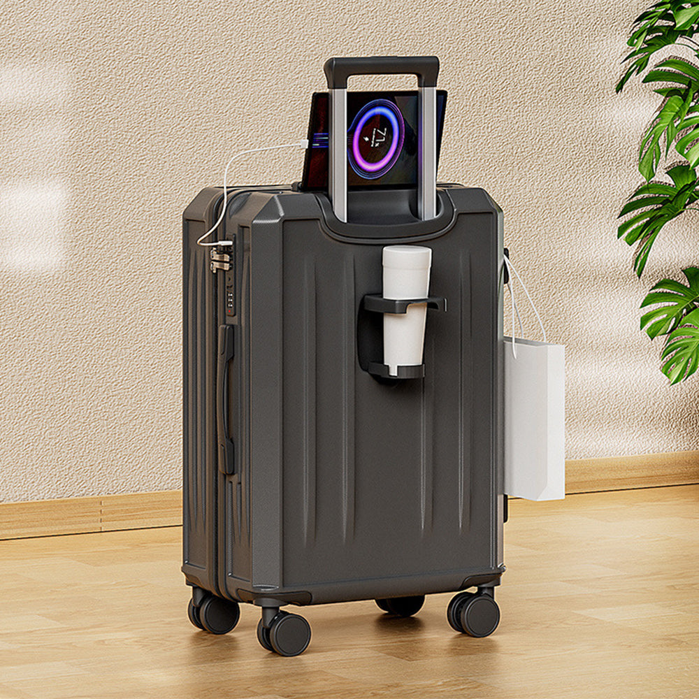 Carry-On Suitcase with USB Charging & Cup Holder (Black)