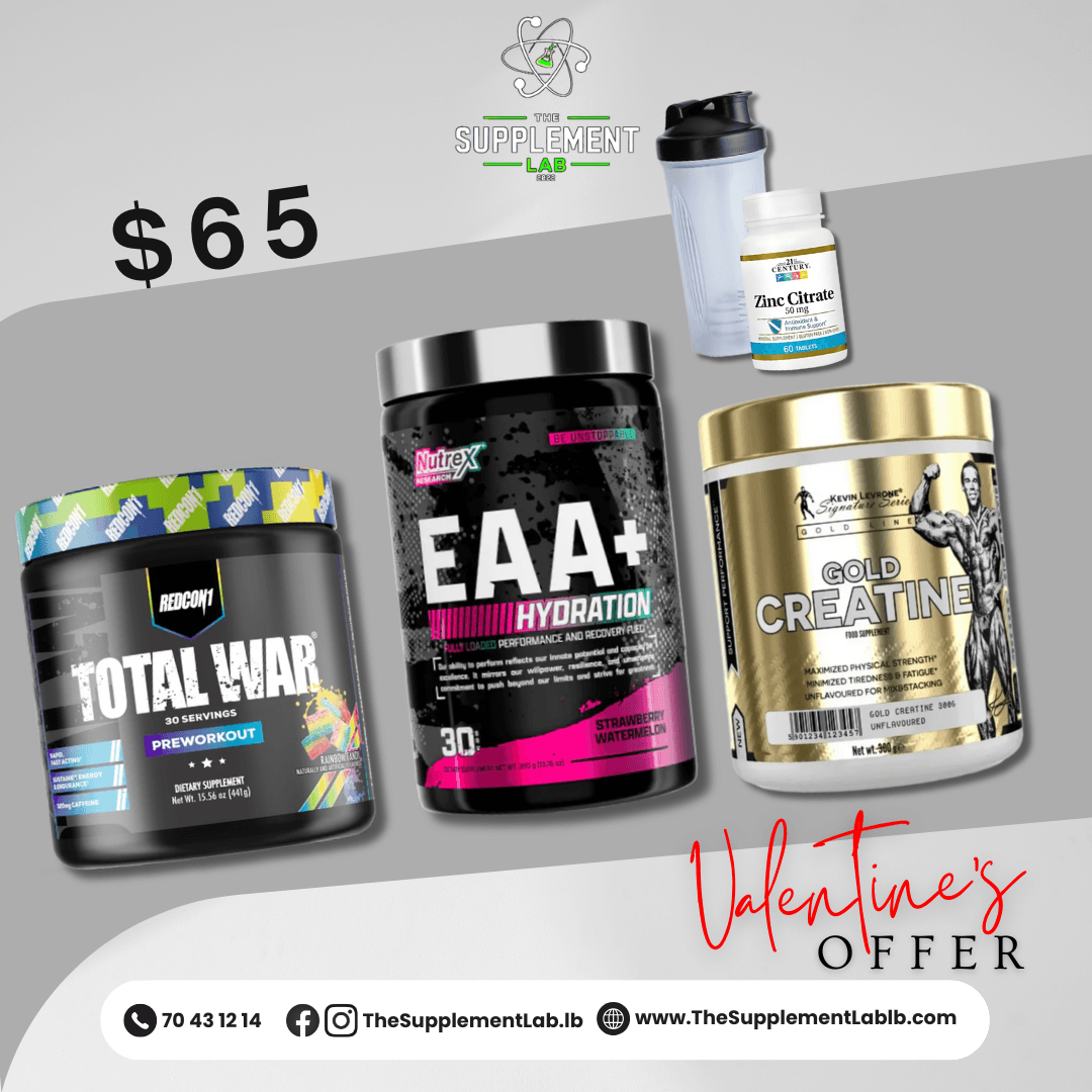 Total War Pre-Workout + Nutrex EAA + Gold Kevin Levrone Creatine + Shaker