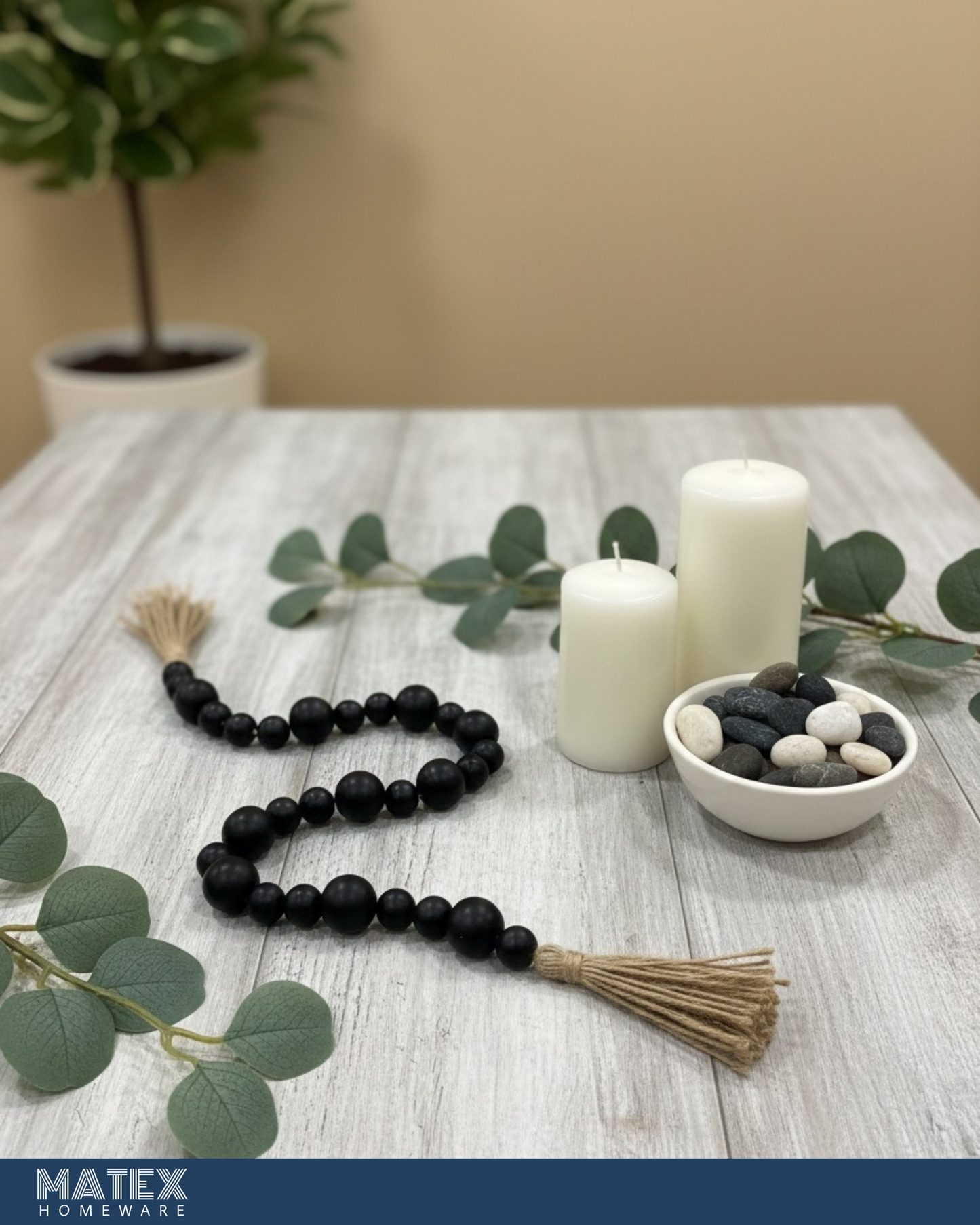 Black Wood Oak Bead Decor with Tassels