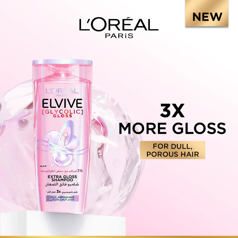 L'Oreal Paris Elvive Glycolic Gloss Extra Gloss Shampoo for Dull Porous Hair Powered by 3% Glycolic Acid