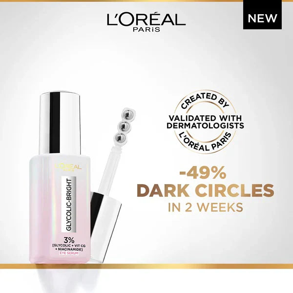 L'Oréal Paris Glycolic [3% Glycolic Acid + Vitamin CG + Niacinamide] Eye Serum for Dark circles, Brighten Eyes 20ml - Medaid