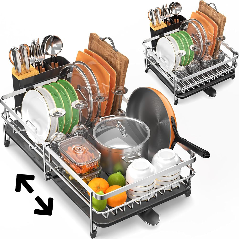 Expandable Dish Rack Stainless Steel with Cutlery Holder