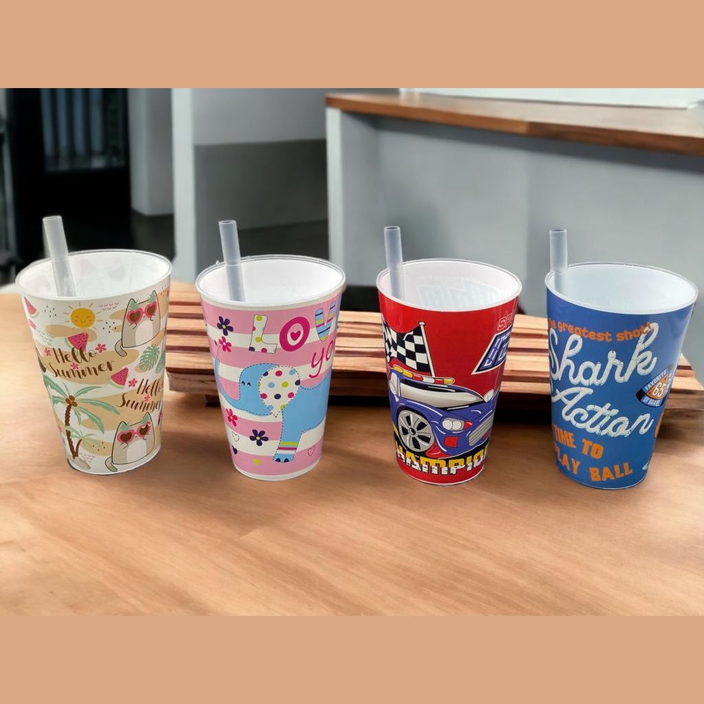 Children Plastic Cup with Straw 400ml Food Grade VC-730