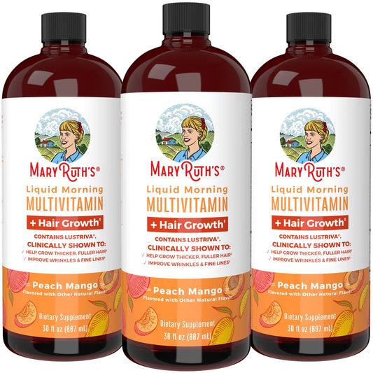 MaryRuth's Liquid Multivitamin + Lustriva® Hair Growth Vitamins Pack of 3 | Biotin 10000mcg | Vitamin D | Clinically Tested for Thicker Hair, Wrinkles, Fine Lines, Skin Care | Ages 18+ | 30 Fl Oz x 3 - Medaid International