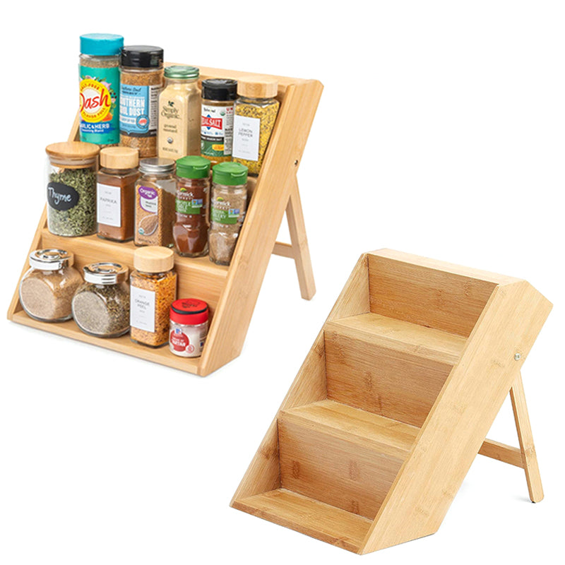 3 Tier Wooden Bamboo Spice Rack Wood Step Pantry Shelf Kitchen Cabinet Drawer Organizer Multipurpose Storage Holder for Kitchen and Bathroom Beige - Medaid International