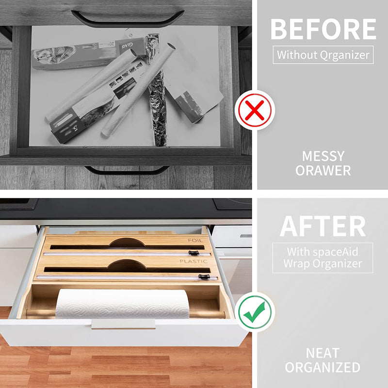 4 in 1 Bamboo Ziplock Foil and Plastic Wrap Organizer with Cutter for Kitchen Drawer or Wall Mount Spice Storage Rack and Kitchen Paper Holder - Medaid International