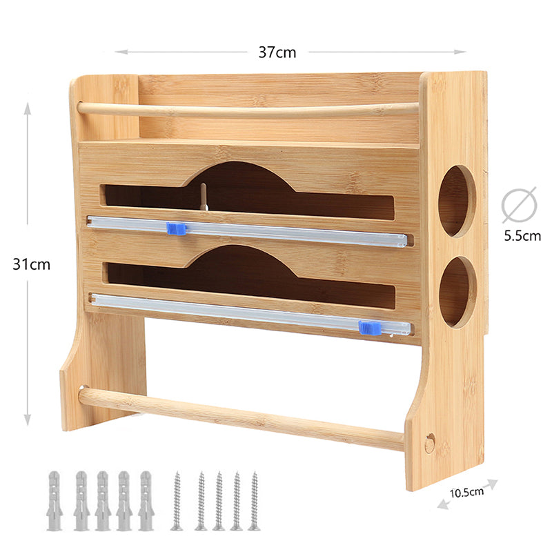 4 in 1 Bamboo Ziplock Foil and Plastic Wrap Organizer with Cutter for Kitchen Drawer or Wall Mount Spice Storage Rack and Kitchen Paper Holder - Medaid International