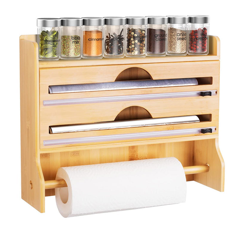 4 in 1 Bamboo Ziplock Foil and Plastic Wrap Organizer with Cutter for Kitchen Drawer or Wall Mount Spice Storage Rack and Kitchen Paper Holder - Medaid International