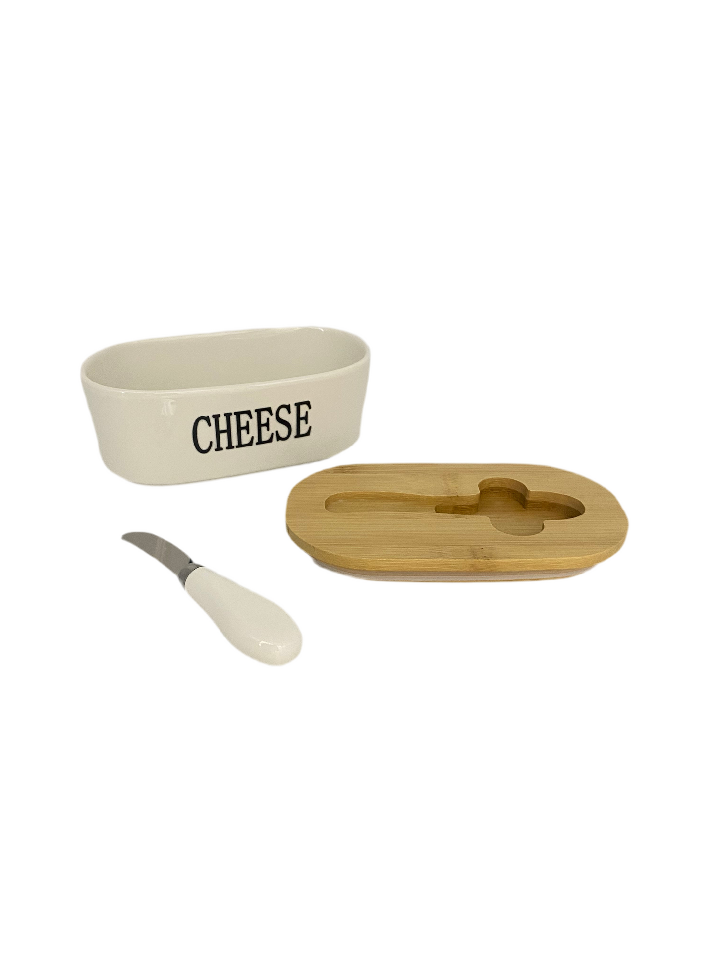 Oval Porcelain  Butter /Cheese  Bowl With  Bamboo Lid & Knife