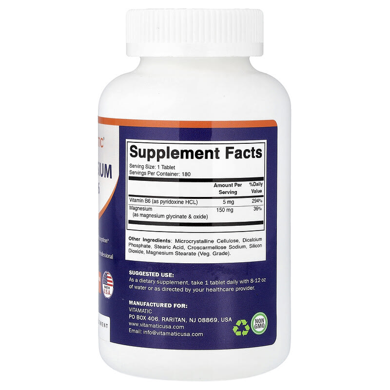 Vitamatic, Magnesium Glycinate with B6, 500mg, 180 Vegetarian Tablets - Medaid International
