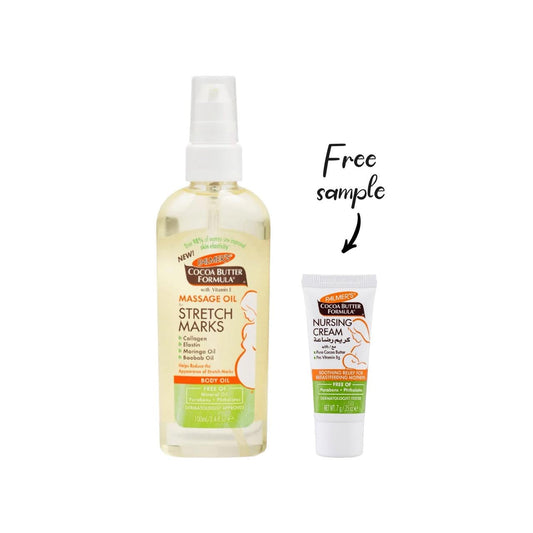 PALMER'S COCOA BUTTER FORMULA STRETCH MARK MASSAGE OIL 3.4OZ + FREE Sample Nursing Cream