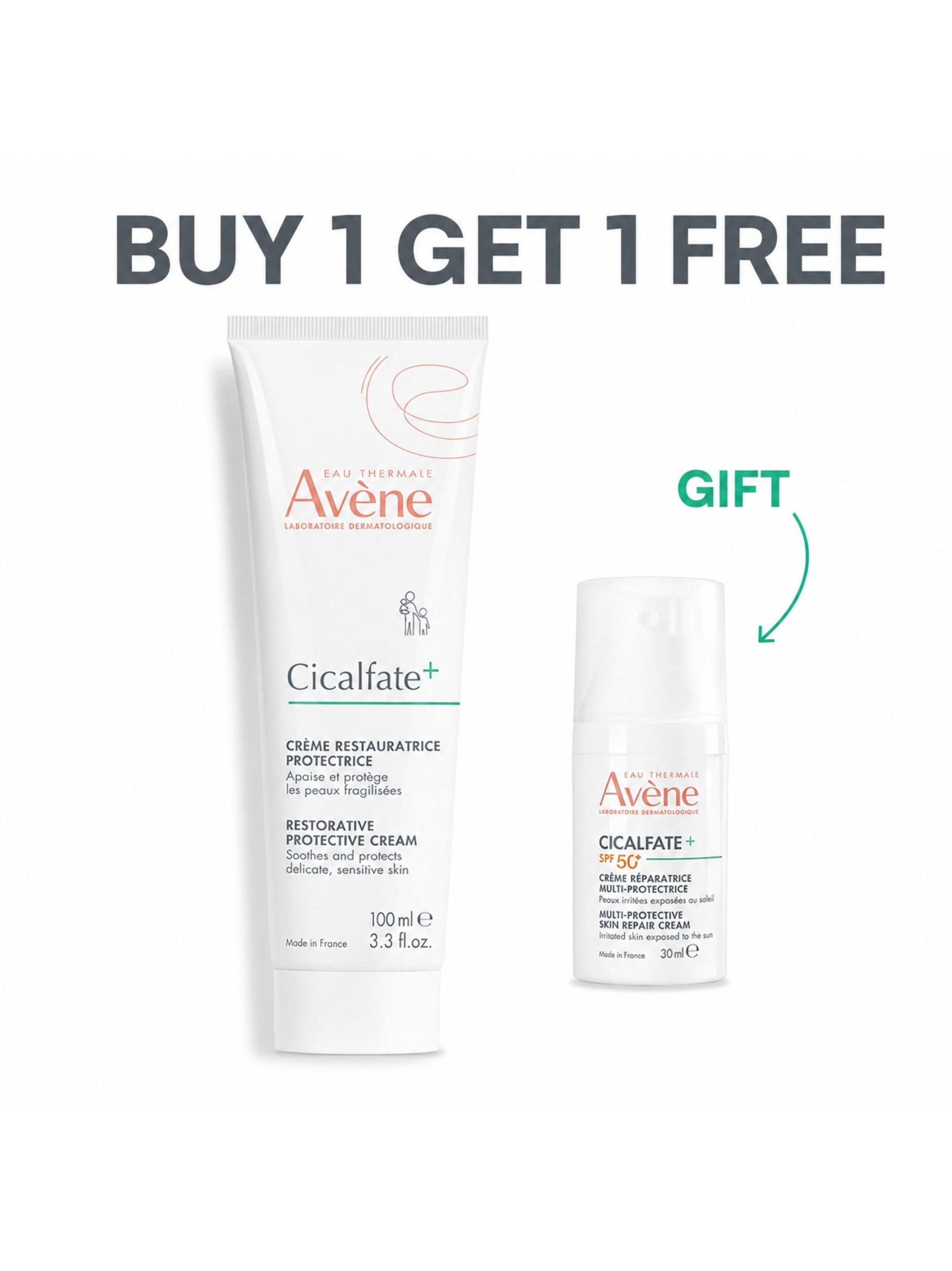 Buy 1 Get 1 FREE, Cicalfate+ Repair Cream 100 ML + Avene Cicalfate+ SPF50 Creme Reparatrice 30 ML