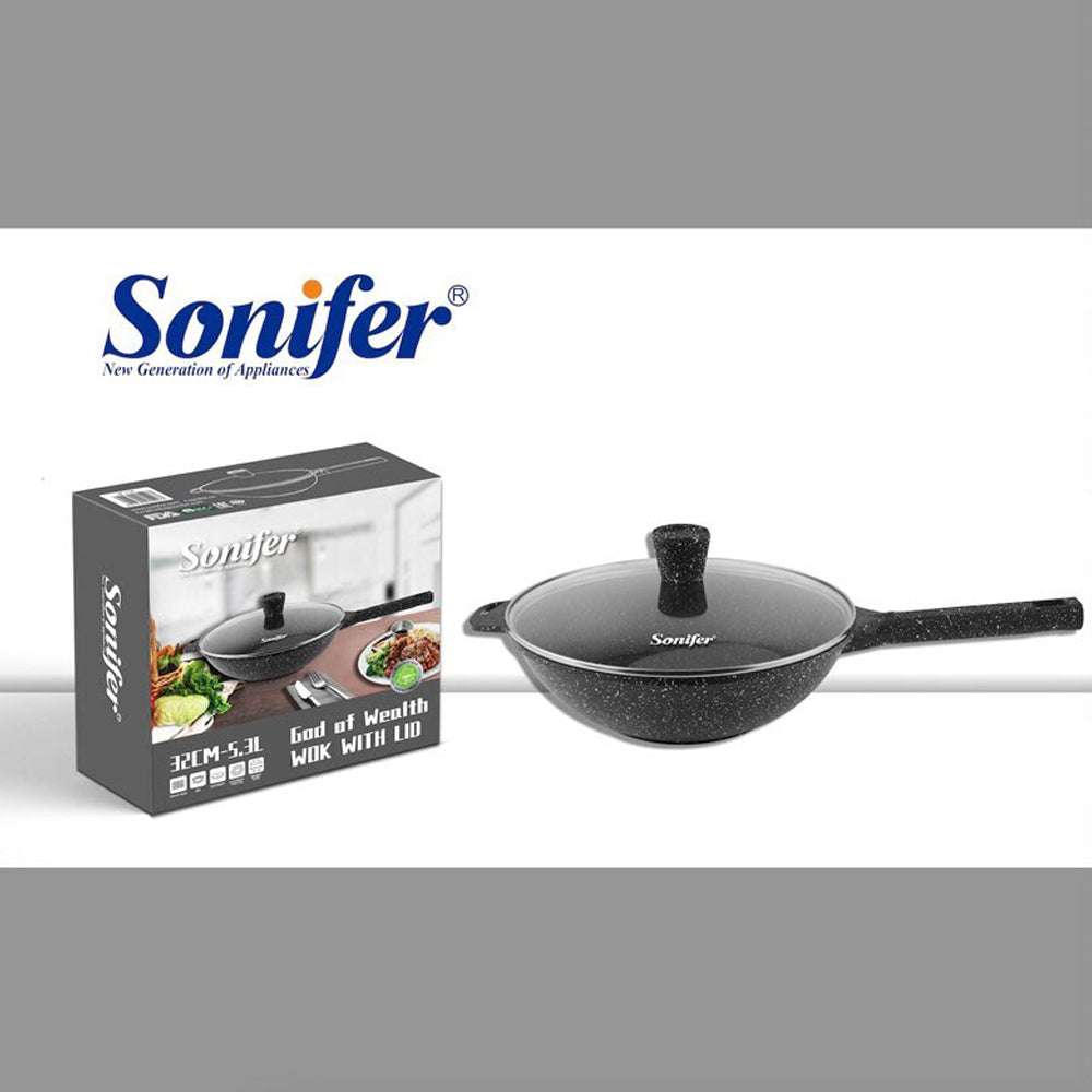 Sonifer, 32cm 5.3L Non-Stick Granite Deep Fry Pan With Glass Lid