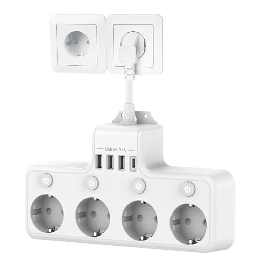Techuoso - Electric Power Strip with Independent Control, 4 Sockets, White