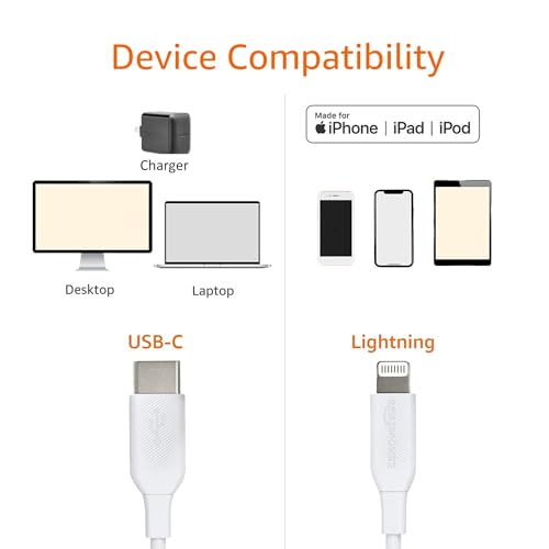 Amazon Basics - USB-C to Lightning Charger Cable, MFi Certified, 6ft, White
