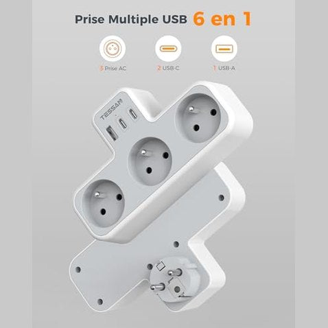 Tessan - 6-in-1 Multi Socket with 3 Wall Sockets & 3 USB Ports for Home & Travel