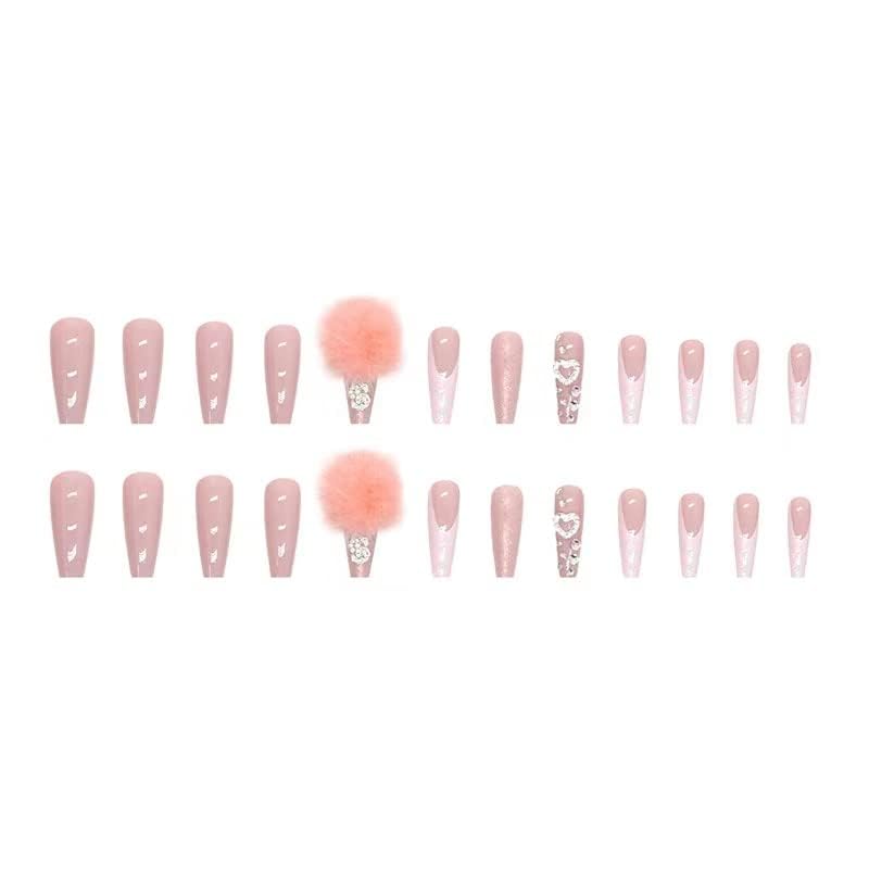 Nail Apparel Y2K Long Coffin Cute Kawaii Press on Nails 3D Cartoon Hot Pink Rabbite Black Pink Daisy Duck Glitter Rhinestone Heart Pearl Bow Flame Long Ballet Trapezoid Fake Nails 24Pcs (3D Pink Heart - Medaid International