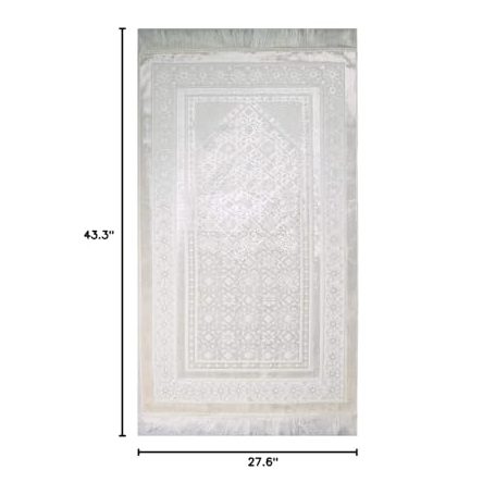 Modefa Velvet Prayer Rug - Soft Plush Turkish Janamaz Sajada Carpet for Men and Women - Plain Solid Prayer Mat Ramadan Eid Gift - with Prayer Beads - Luxury Floral Stamp (White) - Medaid International