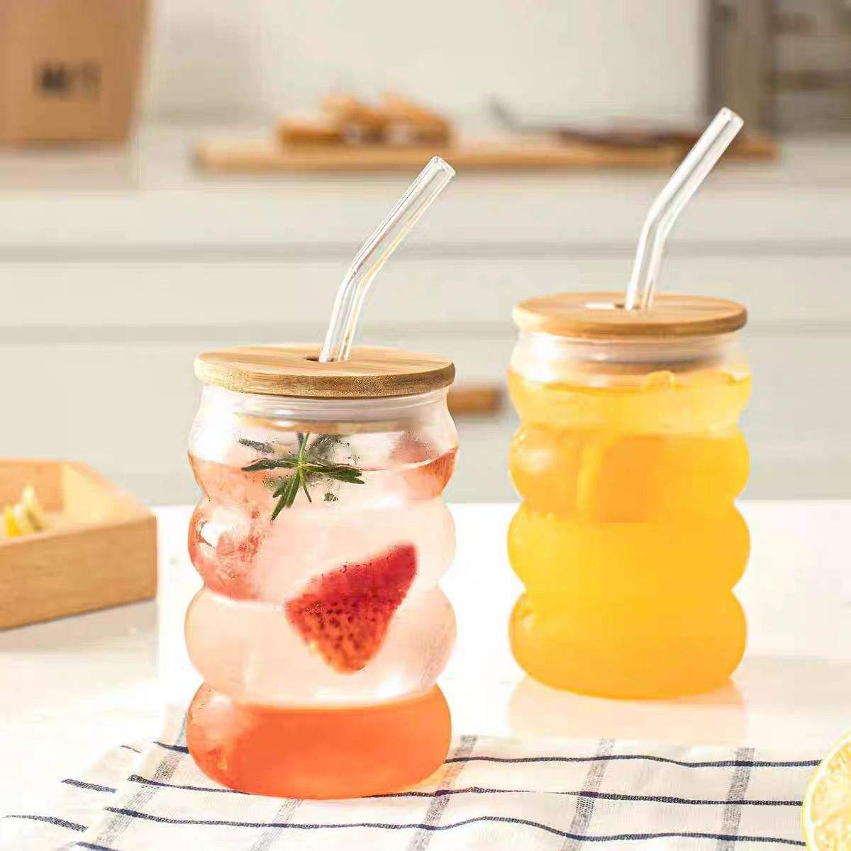 Matcha Wave Shaped Glass Tumblers Drinking with Lid and Straw – 350ml