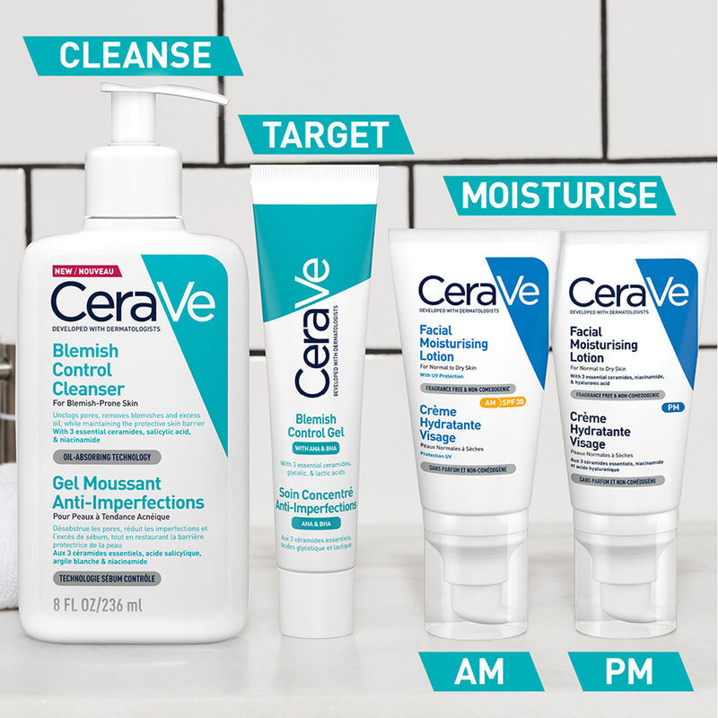 CeraVe Blemish Control Gel Facial Moisturiser For Acne & Blemishes with Glycolic Acid and Lactic Acid AHA/BHA 40ml