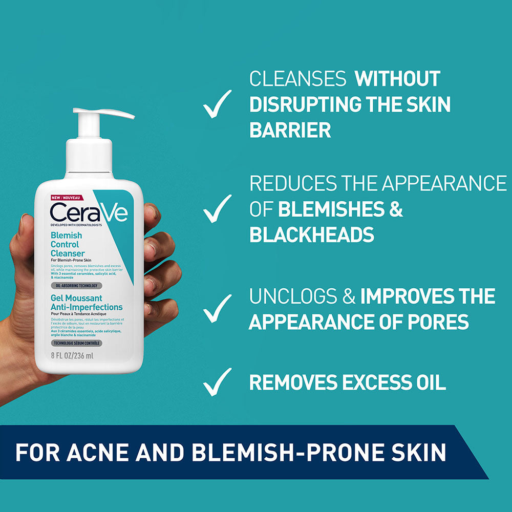 CeraVe Blemish Control Cleanser Face Wash For Acne & Blemish Prone Skin with 2% Salicylic Acid, Niacinamide and Ceramides 236ml