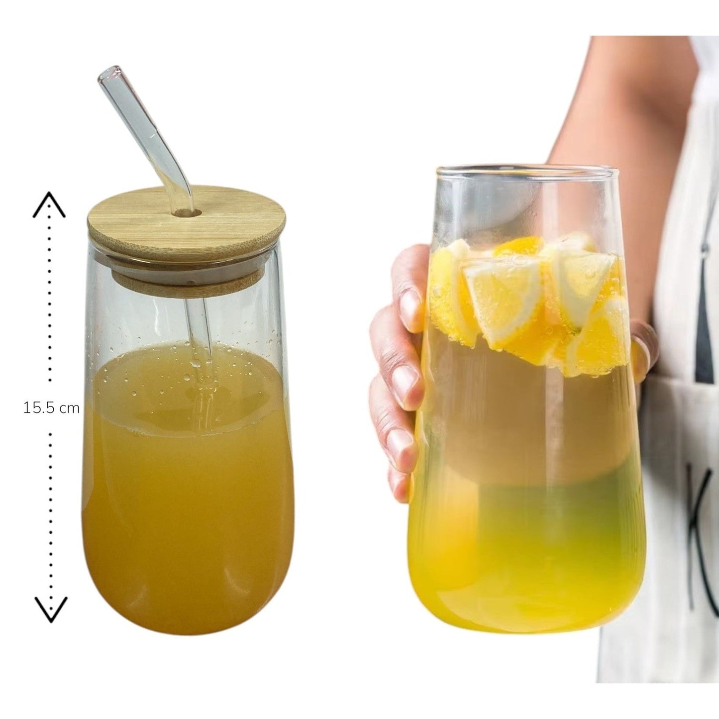 Long Smooth Clear Glass Drinking Cup with Bamboo Lid an