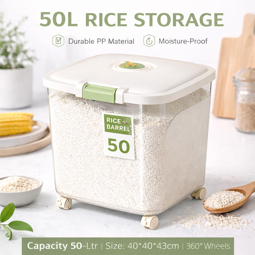 Leak-Proof Rice Storage Container – 50L Airtight PP Bin with Wheels