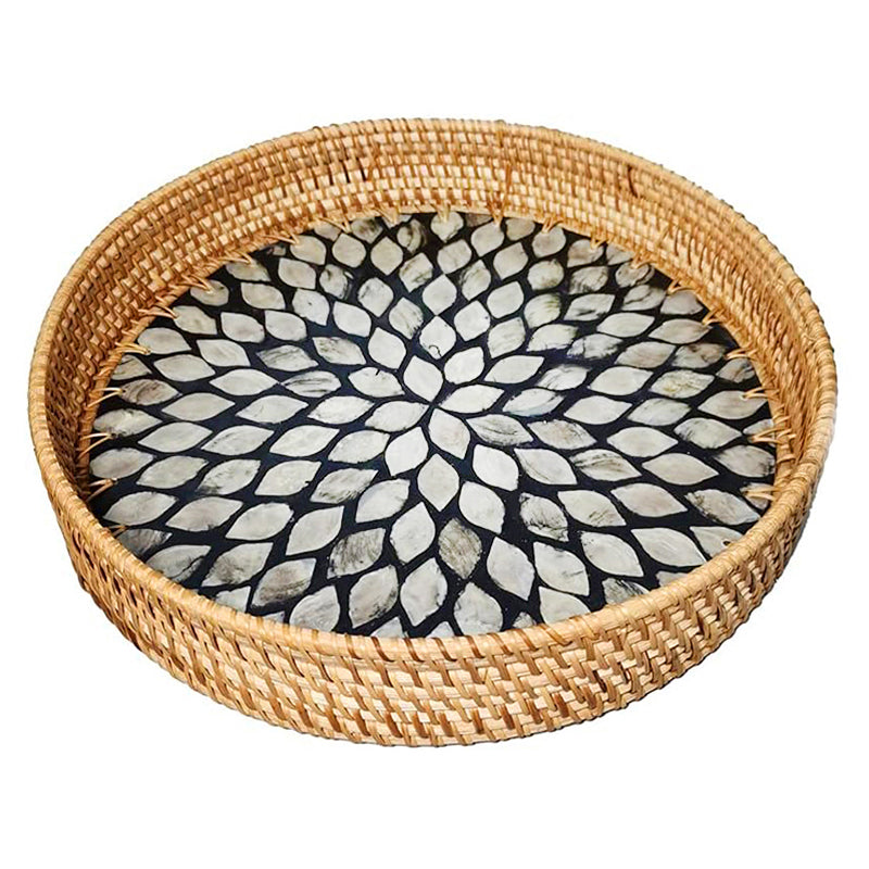 28 CM Handmade Round Rattan Tray with Black Shell Bottom Woven Serving Tray for Food Drink Snack Coffee Table Decor - Medaid International