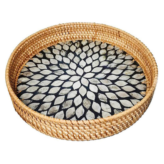 28 CM Handmade Round Rattan Tray with Black Shell Bottom Woven Serving Tray for Food Drink Snack Coffee Table Decor - Medaid International