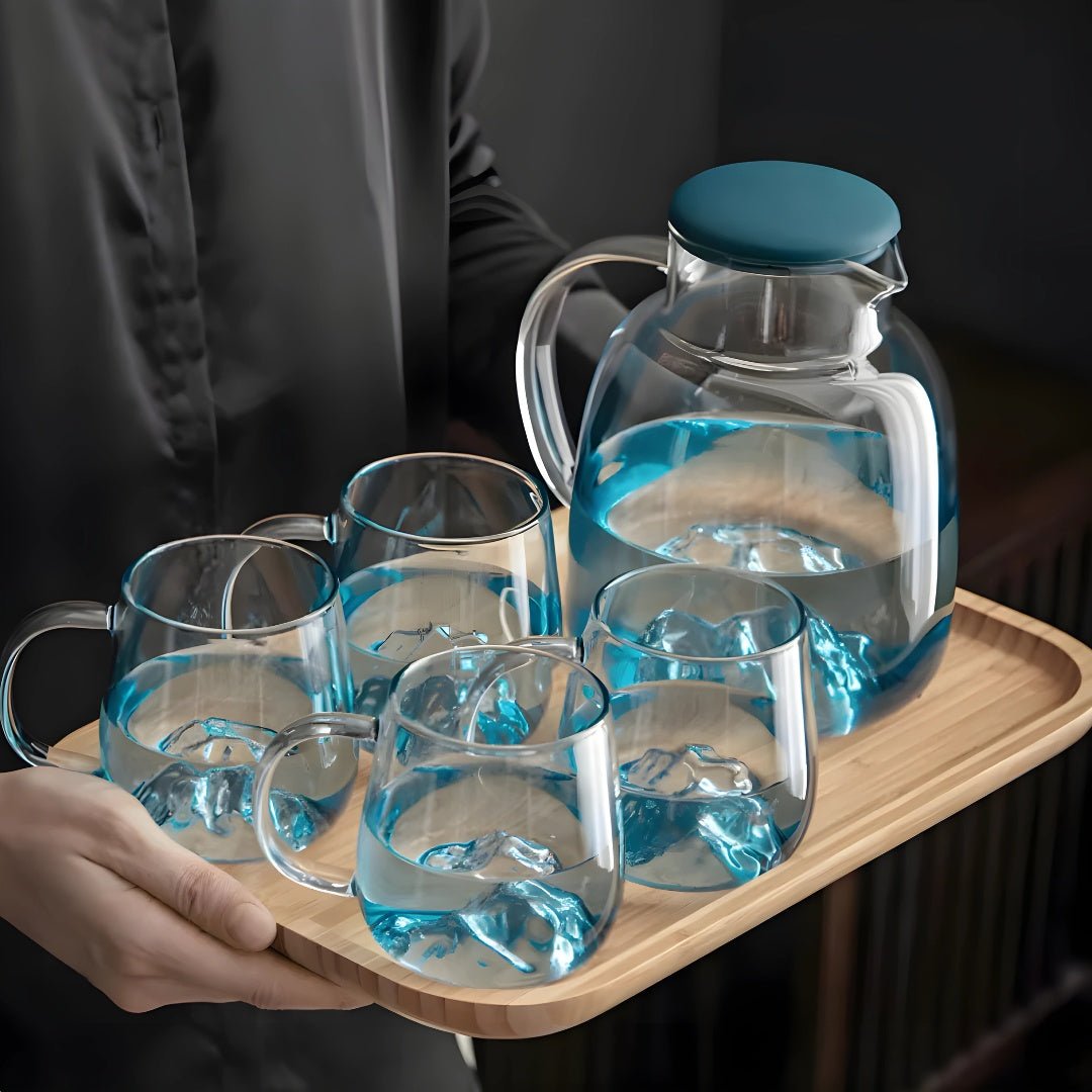 Nordic Glass Pitcher Set with Mountain Design