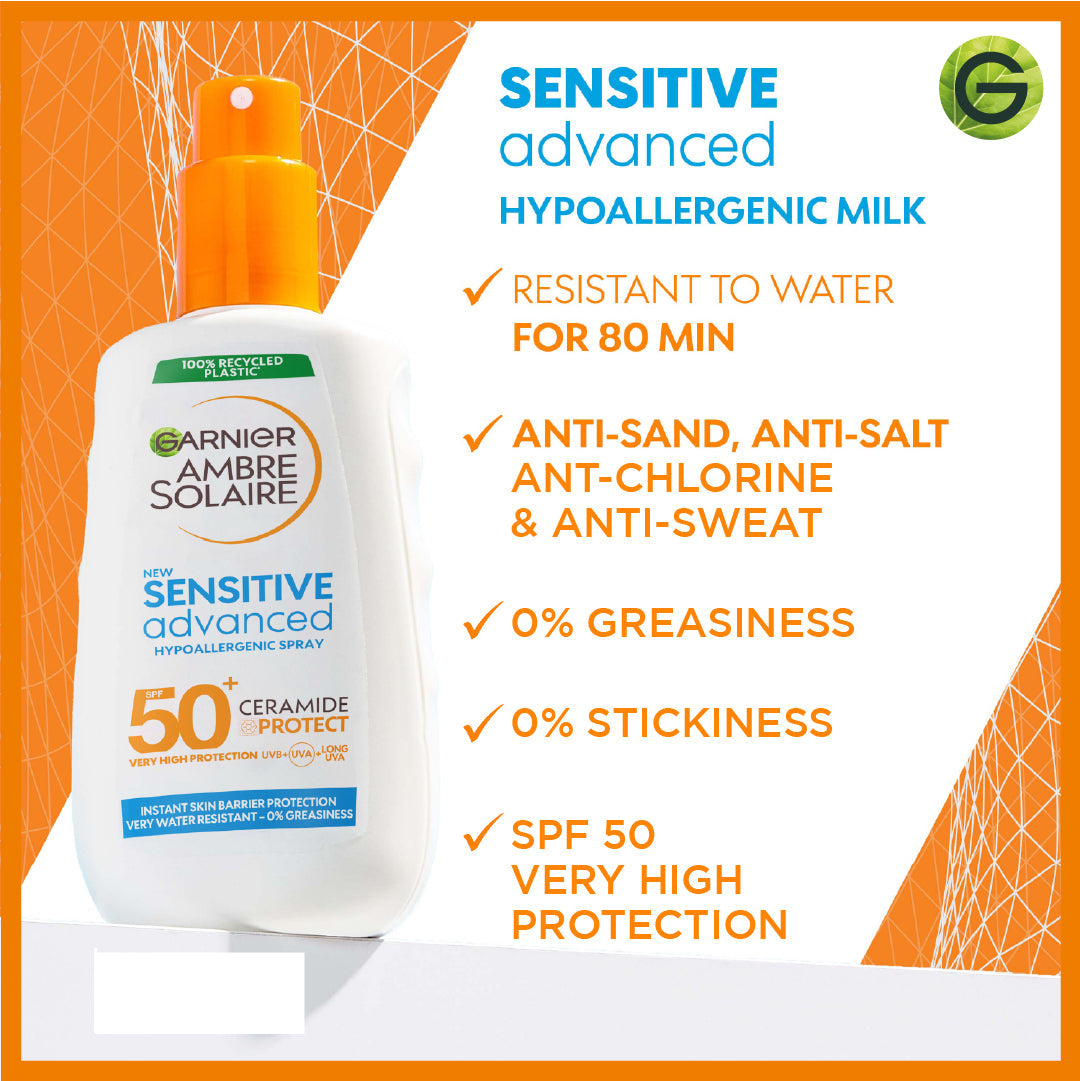 Garnier Ambre Solaire Sensitive Advanced SPF 50+ Ceramide Protect Sunscreen Spray For Adults 150ml - Medaid International