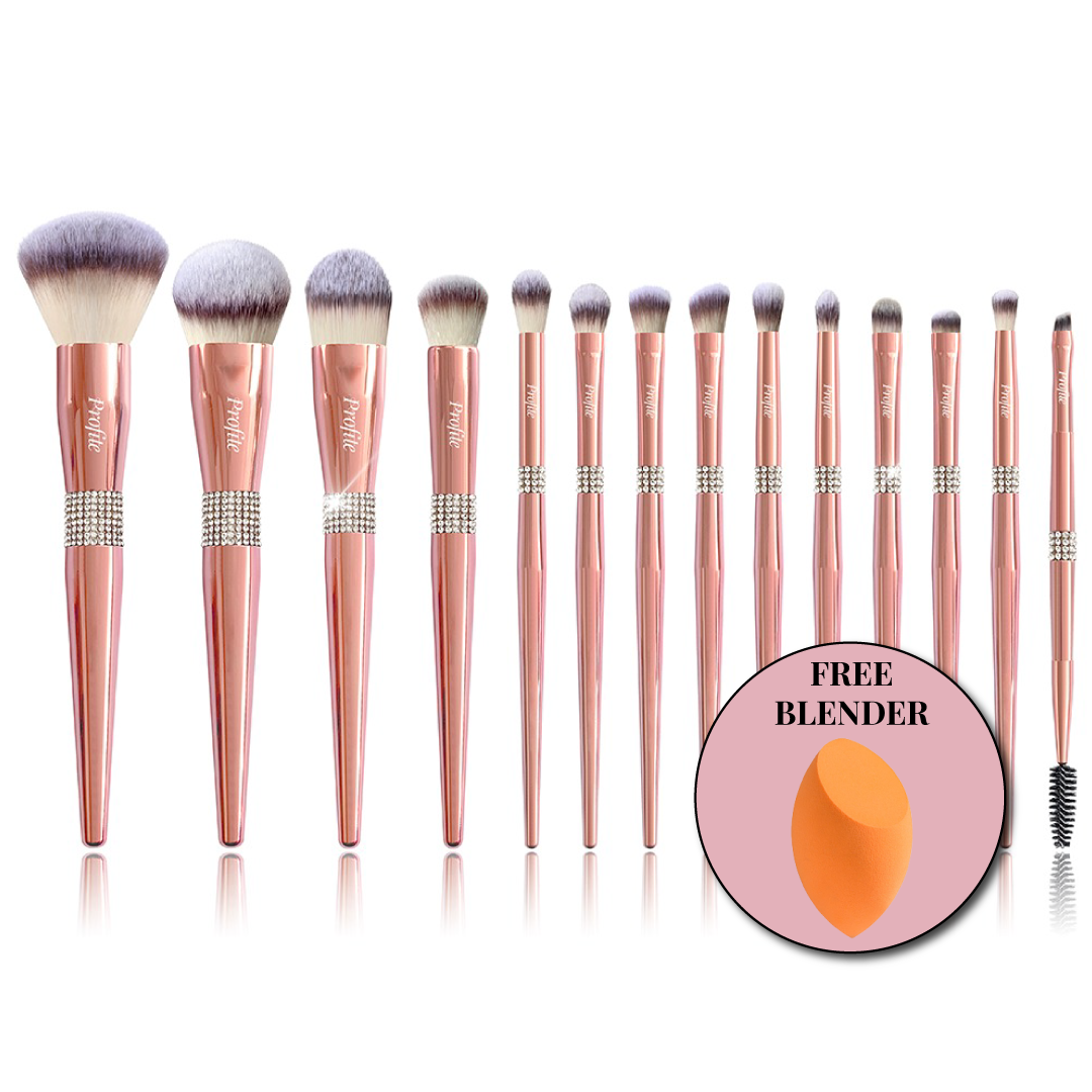 Profite 14 Pcs Rhinestone Rose Gold Brush Set + Holder + FREE Blender