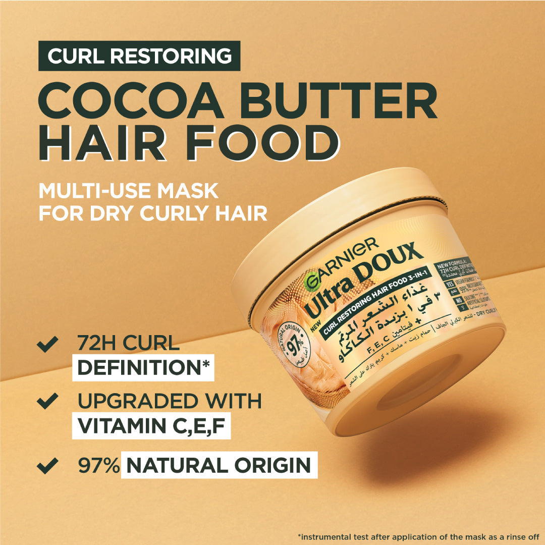 Garnier Ultra Doux Vegan Hair Food Cocoa Butter And Jojoba Oil 3-In-1 Treatment Mask For Curly Hair